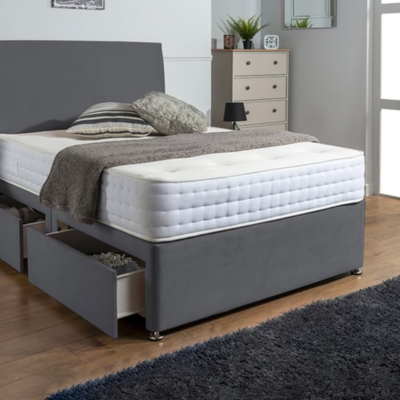 Grey Divan Beds with mattress, drawers and headboard