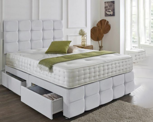 White Divan Beds with headboard, drawers and mattress